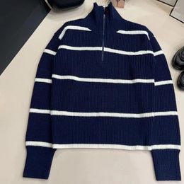 Women's Sweaters Fashion High Quality Wool Striped Rib Knit Sweater For Women 2023 Top Zip Turtleneck Applique Loose Fit Casual Jumper Lady