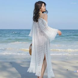 Women's Blouses Boho Style Hollow Out Lace Cardigan For Women Summer Midi-length Tassel Beach Shawl Seaside Vacation Sun-Protection White