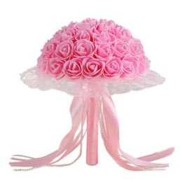 Decorative Flowers & Wreaths Wedding Bouquet Bridal Artificial Rose Silk Flower With Ribbons Pearls Rhinestone Event Party Decor2948