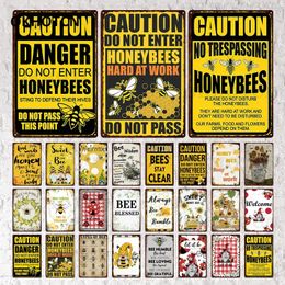 Funny Bee Metal Signs Plate Vintage Cute Bees Metal Plaque Tin Sign Farm Garden Wall Decor Living Room Home Decorative Caution Bee Iron Decor 30X20CM w01