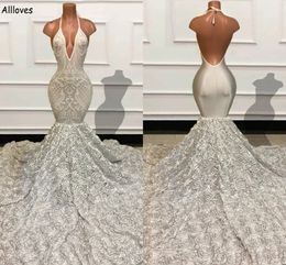 Beautiful Silver 3D Rose Flowers Lace Mermaid Prom Dresses Arabic Aso Ebi Halter Slim and Flare Women Formal Party Gowns Sexy Backless Long Evening Dress CL2687
