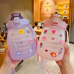 Cute Girls Water Bottle with Stickers Straw Big Belly Cup 1500ml Sports for Jug Children Female Kettle Strap 211122243F