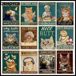 Vintage Funny Tabby Cat Metal Painting Drink Coffee Tin Sign Cute Cats Poster Metal Signs Text Shabby Decorative Plate Home Pet Room Man Cave Decor 30X20CM w01