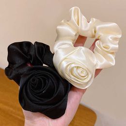 Rose Flower Hair Rope French Style Retro Gentle Large Flower Intestine Hair Ring Artistic Satin Gloss Rose Hair Accessorie