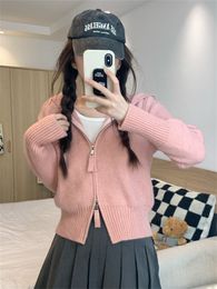 Womens Knits Tees QWEEK Korean Fashion Hooded Zip Up Sweater Women Harajuku Retro Solid Knitted Jumper Female Slim Vintage Basic Cropped Cardigan 230808