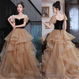 Party Dresses It's Yiiya Strapless Ruched A-Line Lace Up Floor-Length Formal Dress Short Sleeves Tulle Luxurious Woman A2743