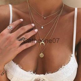 Pendant Necklaces LATS Gold Colour Choker Necklace for women Multilayer Long moon Tassel Pendant Chain Necklaces Pendants chokers Fashion Jewellery J230809