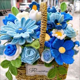 Decorative Flowers (Finished Product Braided Chamomile Daisy Flower Basket Wool Bouquet Immortal Simulation Gift For Girlfriend Craft