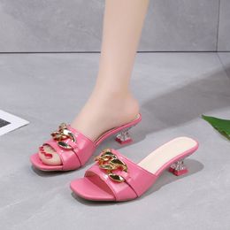 Slippers Women Slippers Women's Mules Slides Shoes Female Clear Heels Sandals with Chain Thin Heels Open Toe Outdoor Party Footwear 230809
