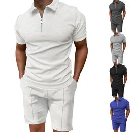 Men's Tracksuits Summer Texture Jacquard Solid Colour Lapel Polo Short-sleeved Shorts Suit