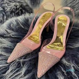 Designer Pink Transparent Crystal Sandals Pointed Pvc Rhinestone Pumps 2023 Spring Summer Fashion Casual All-Match Wedding Women's Shoes