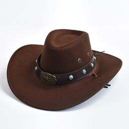 Vintage Artificial Suede Western Cowboy Hat for Men Wide Brim Cowgirl Jazz Cap with Leather Holidays Party Cosplay Hat