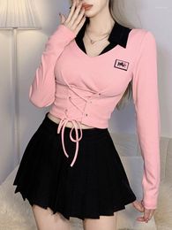 Women's T Shirts Deeptown Y2k Bandage Crop Shirt Sweet Harajuku Pink Long Sleeve Cropped Top 2023 Autumn Korean Fashion Kpop