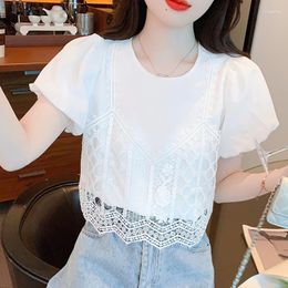 Women's Blouses 2023 Fashion Chiffon Blouse Women With Lace Elegant Tops Short Puff Sleeev White Shirts O Neck Female Clothing 27464