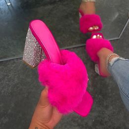 summer women layer Slippers high-heeled single plush plus size all-match sandals outdoor banquet fashion slippers 2 45