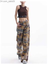 Women's Pants Capris Camo Jeans Straight Retro High Waist Jeans Women's Korean Wide Leg Bag Y2K Full Length Denim Trouser Z230809