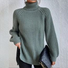 Women's Sweaters Cotton Turtleneck Raglan Sleeve Split Hem Sweater Cashmere Women Knitted Wool Pullover Long Loose