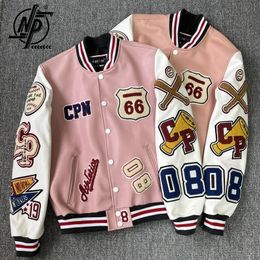 Mens Jackets Hip Hop Genuine Leather Jacket Men 100% Cowhide Pink Luxury Letter Embroidery Short Biker Baseball Heavy Industry 230809