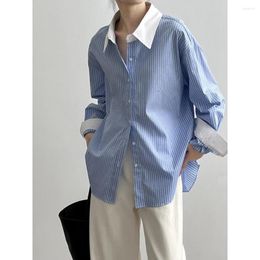 Women's Blouses SuperAen Blue And White Stripes Contrast Shirt Women 2023 Autumn Design Loose Chic Shirts Tops