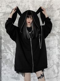 Women's Hoodies Sweatshirts Autumn Winter Emo Bunny Hoodie Women Zip Up Kawaii Sweatshirt Rabbit Ears Jacket Black Girls Streetwear Japanese Loose Coats 230808