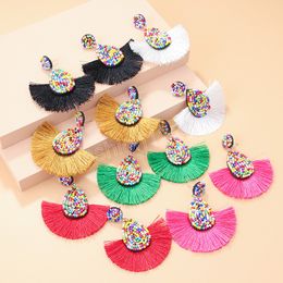 Vintage Ethnic Fan-Shaped Rice Beads Earrings for Women Bohemian Colourful Temperament Statement Tassel Earrings Trendy Jewellery