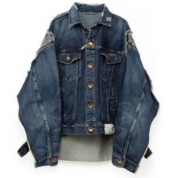 Mens Jackets Denim Cut Patchwork Distressed Jacket Loose Blue Coat Hip Hop Casual Cowboy 230809