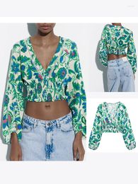 Women's Blouses Summer Long Sleeve V Neck Vertical Lace Tone Trimming Thick Button Honeycomb Stretch Hem Floral Print Short Shirt