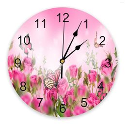 Wall Clocks Butterfly Pink Flowers Dreamy Bedroom Clock Large Modern Kitchen Dinning Round Living Room Watch Home Decor