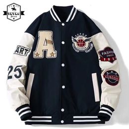 Herrenjacken Herren Frühling Herbst Varsity Stickerei Koreanische Mode Lose Baseballuniform Paar Blau Retro Lederärmel Bombermäntel 230808