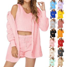 Women's Sleepwear Women Winter Fashion Warm Three Pieces Suit Soft Flannel Shorts Pajamas Set Cute Suits For Cover Ups