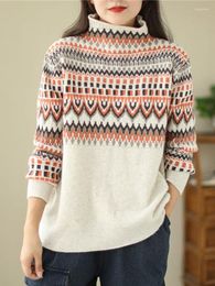 Women's Sweaters 2023 Winter Fashion Warm Knitting Pullover Woman Loose Geometric Printed Turtleneck Ladies Vintage Casual Jumpers Tops