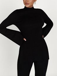 Active Sets Women Knit 2 Piece Outfits Solid Color Pullover Sweater And Elastic Flare Pants Set Streetwear Sportwear Aesthetic Clothes