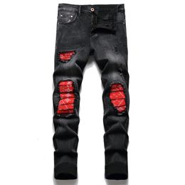 Men's Jeans Men Cracked Blue Pleated Patch Biker Jeans Streetwear Holes Ripped Distressed Patchwork Stretch Denim Pants Slim Skinny Trousers 230808