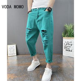Men's Jeans Japanese Trend Men's Ripped Hole Jeans White Green Black Ankle Length Youth Fashion Loose Denim Harem Cargo Pants 230808