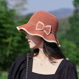 Wide Brim Hats Casual Beach Outdoor UV Protection Summer Solid Color Knitted Bucket Women Cap Fisherman Hat Bowknot