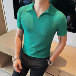 Men's Polos Summer Solid Colour V-neck Polo Shirts Men Fashion Slim Fit Short Sleeve Casual T-shirt Business Formal Social Tee Tops 4XL