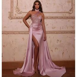 Sparkling Mermaid Prom Dress Sleeveless Bling Sequins Satin Side Slit Halter One Shoulder Sweep Length Vestido De Novia