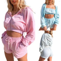 Women's Hoodies Women Three-piece Sports Clothes Set Solid Color Hooded Jacket Tube Tops And Shorts Blue/ Pink/ Grey