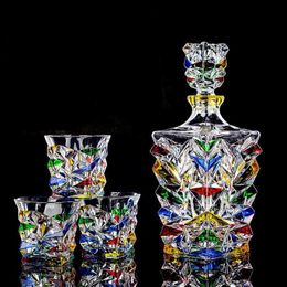 Italian Craft Colorful Hand-painted Wine Jug Relief Carving Whisky Glass Decanter Lead-free Crystal Glass Wine Bottle Set 1000ML HKD230809