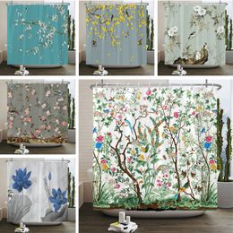 Toothbrush Holders Chinese style Flower Bird Plants Shower Curtain Waterproof Polyester Bath Art Boho Flowers Curtains For Bathroom Decor 230809