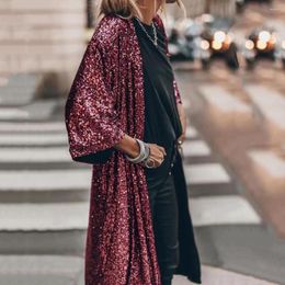 Women's Jackets 3/4 Sleeve Open Stitch Loose Fit Cardigan Coat Women Shiny Sequins Mid-length Cape Jacket Solid Colour Dressing Up Gown