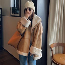 Women's Leather Faux Women Merino Sheep Jacket Autumn Winter Coats Genuine Lamb Fur Lining Lady Overcoat High Collar MH50 L 230808