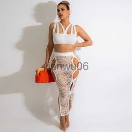 Basic Casual Dresses Sexy Two Piece Set Dresses for Women 2022 Camisole Crop Top Hollow Out Sheer Maxi Skirts Suits Night Club Party Birthday Outfits J2308009