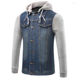 Men's Jackets Men 2023 Fashion Autumn Patchwork Sleeves Jeans Denim Male Hooded Stitching Coat Clothing M-5XL