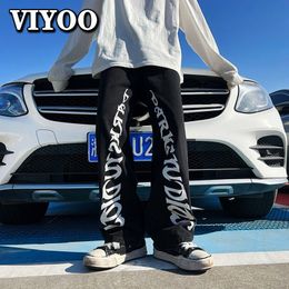 Mens Jeans Printed Y2K Clothes Black White Bggy Waist High Street Womens Straight Trousers Pants Streetwear Sweatpants For Men 230809