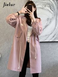 Women's Trench Coats Jielur Fashion Pure Color Straight Female Trench Casual Hooded Drawstring Loose Women's Trench Coat Winter Pink Black Green Coat 230808