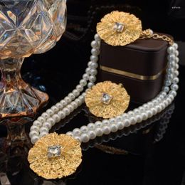 Necklace Earrings Set Luxury Metal Zircon Disc Fireworks Exaggerated Fashion Double Pearl Women's Wedding Banquet Jewelry