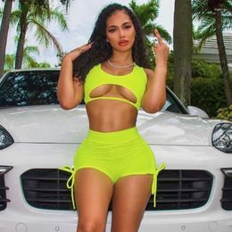 Women's Tracksuits CUTENOVA Women Summer Two Piece Set Bright Yellow Sleeveless Crop Top Shorts Outfits One Shoulder Female Beach Club