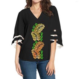 Women's Blouses Polynesian Tribal Hawaiian Totem Tattoo Hawaii Prints Fashion Elegant V-Neck Chiffon Women Tops Flare Sleeves Vintage Shirts