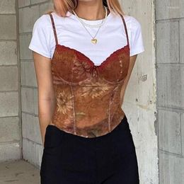 Women's Tanks Sexy Lace Patchwork Floral Print Brown Mesh Cropped Tank Top Spaghetti Strap Camisole Missnight